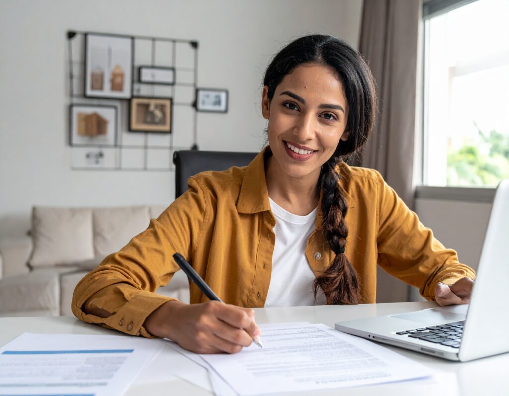 Administradora de condominios estudiando para obtener una certificación